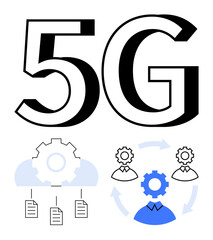 5G text with gears, cloud, user silhouettes, document icons, and arrows symbolizing connectivity, teamwork, data exchange, innovation cloud computing technology and speed. Ideal for telecom