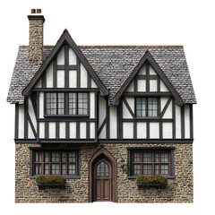 Naklejka premium Charming Tudor-Style Cottage with Decorative Window Boxes