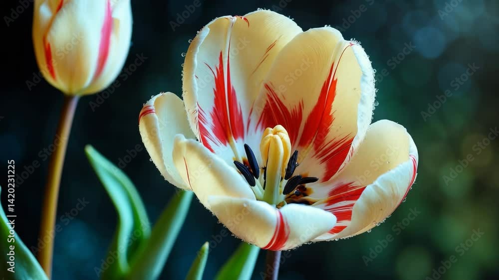 Poster a cream tulip displaying striking red streaks on its soft petals, emphasizing the intricate details 