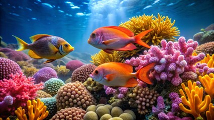 Vibrant Reef Ecosystem A Colorful Underwater Scene Featuring Three Fish Swimming Amongst Diverse Coral Formations