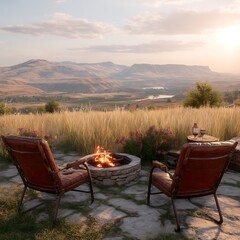 Fototapeta premium Outdoor Cozy Evening with Fire Pit and Two Chairs Overlooking Calm Valley and Sunset in the Horizon