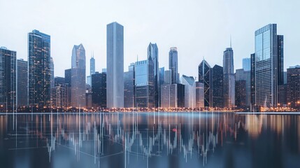 Obraz premium Metropolitan skyline reflecting in the calm water during twilight. Skyscrapers reaching into the sky and illuminated at night