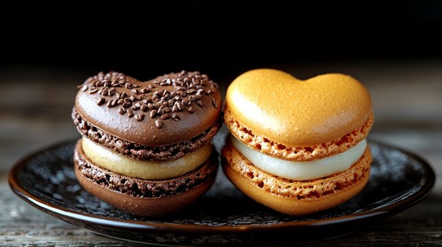Two heart-shaped macarons sit on a dark plate