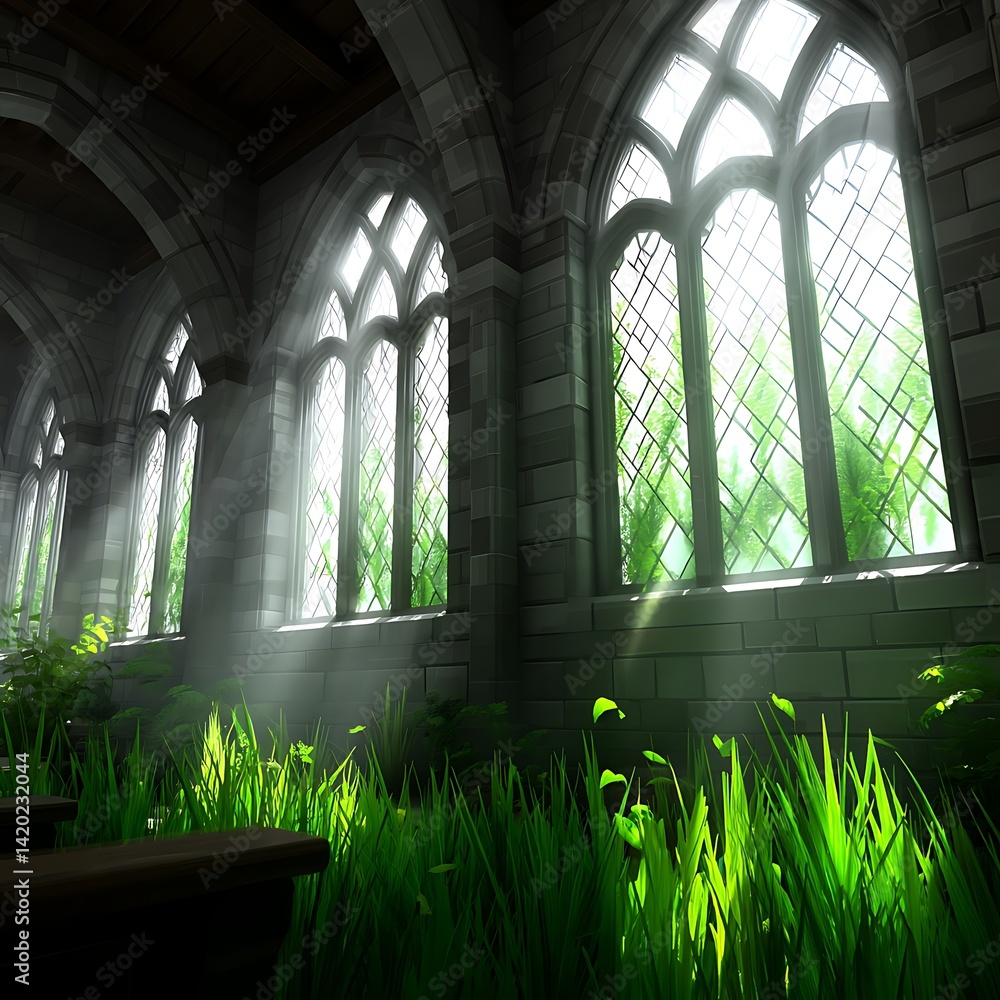 Poster overgrown sanctuary sunlight streams through gothic windows in an ancient abandoned building.