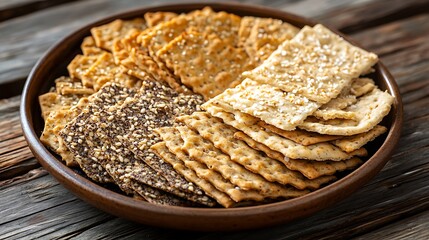 Healthy organic flatbread cracker assortment made of grains and seeds on wooden background