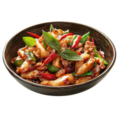 Spicy Stir-Fried Chicken with Red Chili and Basil in Bowl