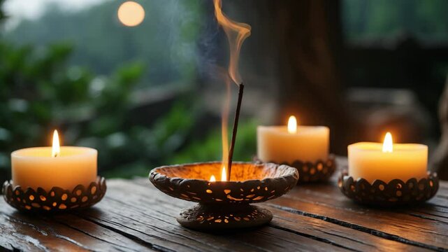 Incense stick burning in holder alongside lit candles on an outdoor wooden table