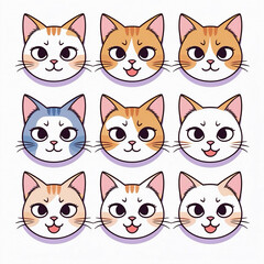 Grid of nine colorful cartoon cat faces with different expressions.
