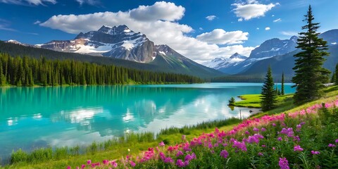 Serene Alpine Lake with Snow-Capped Mountains and Wildflower Meadow &ndash; Tranquil Summer Landscape in High Resolution
