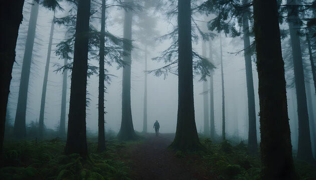 Foggy forest trail scenic view misty woods nature photography landscape trees silhouette walking person outdoors