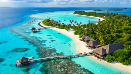 Fototapeta premium Aerial View of Overwater Bungalows in Turquoise Waters – Tropical Island Escape with White Beaches and Coral Reefs