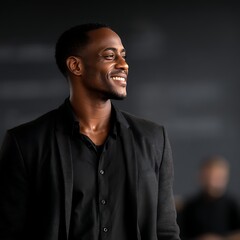 Obraz premium Pensive African American Male in Dark Jacket Against Dim Gray Backdrop with Blurred Figure Behind