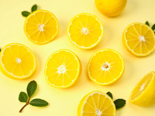 Obraz premium Fresh Lemons – Juicy Citrus Fruits with Vibrant Yellow Color, Cut and Whole Lemons on Clean White Background with Water Droplets and Mint – Ideal for Food, Health, and Product Ads