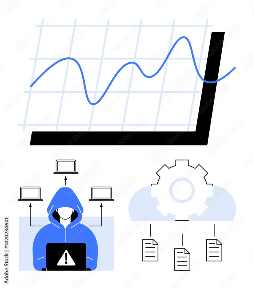Poster graph with rising trend, hooded figure on laptop connected to multiple devices and document processe