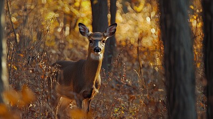 Autumnal deer peeks through fall foliage.