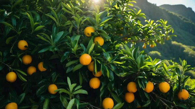 Island with a citrus tree plantation and fruits in the mountains.