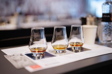 Tasting three unique whiskeys at an elegant distillery event