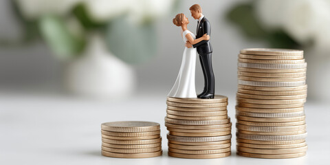 Wedding Budget & Financial Future: A meticulously arranged scene presents a small wedding figurine standing atop stacked coins, evoking financial planning and investment for a marriage's future.