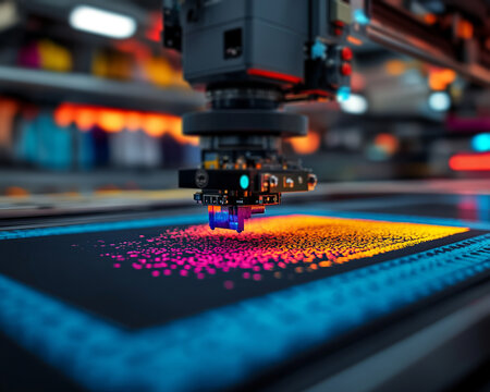  close-up of a t-shirt being printed by a DTG printer, 