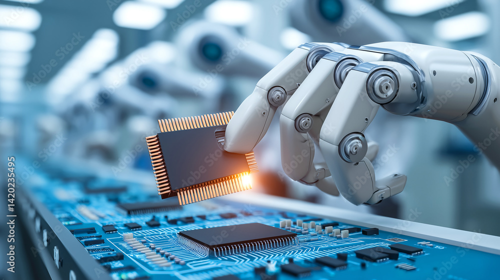 Poster in a high-tech manufacturing facility, a robotic arm is seen skillfully placing a microchip on a cir