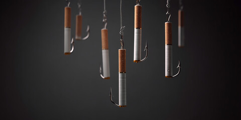 Cigarettes on fishing hooks, hanging against a dark background, representing the addictive nature of smoking and its harmful effects