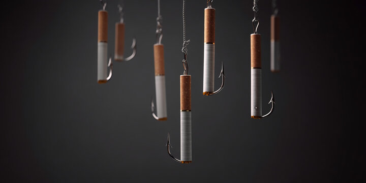 Cigarettes on fishing hooks, hanging against a dark background, representing the addictive nature of smoking and its harmful effects