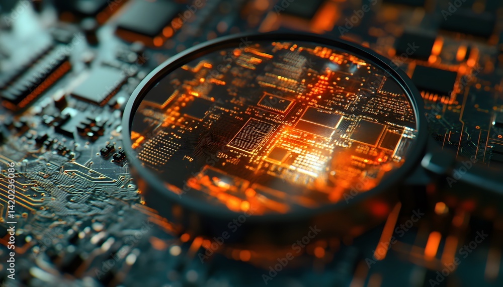 Poster a close-up view of a circuit board under a magnifying glass, showcasing intricate details and glowin