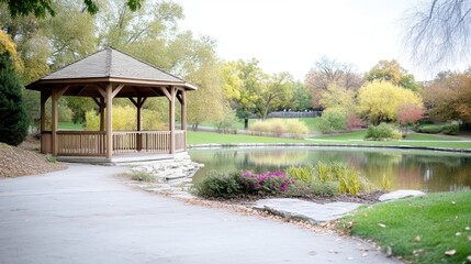 Autumn park gazebo by a serene pond.  Wooden gazebo sits beside a tranquil pond in a park with fall foliage.  Pathway leads to the gazebo