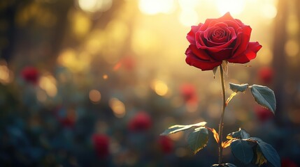 Fototapeta premium Single perfect red rose in a sunlit garden with a dreamy bokeh background. Ideal for romance blogs, nature photography sites, gardening inspiration, or sentimental occasion content.