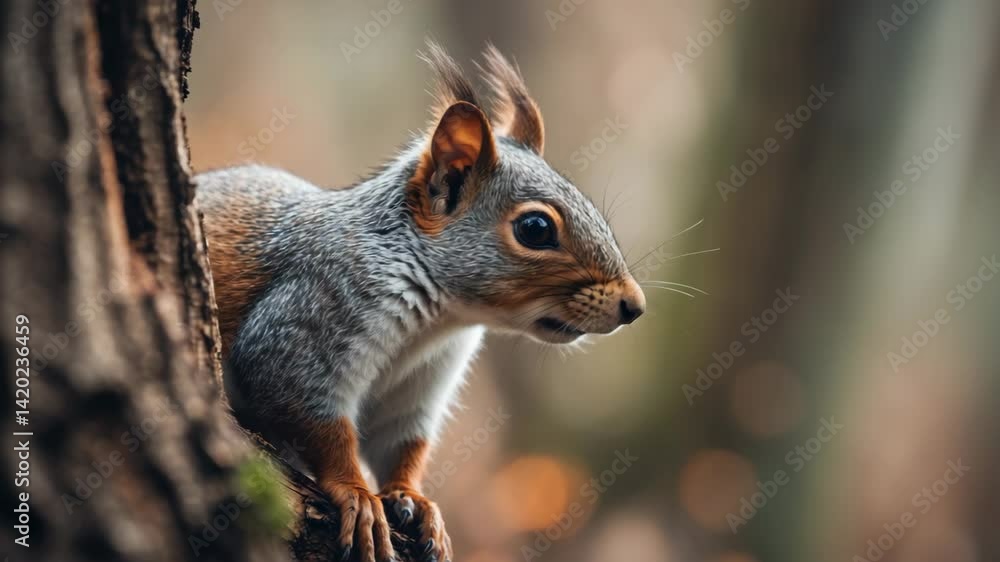 Poster eager squirrel peers from behind a tree trunk in the woodland. close-up profile of the squirrel.