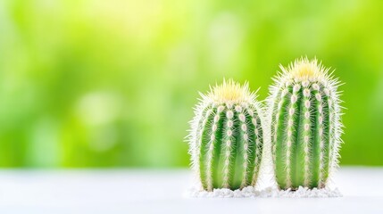 Two small cacti in a bright, natural setting.  The cacti are vibrant green with yellow spines, positioned on a white surface with light-colored soil.  Blurred green foliage creates a soft background