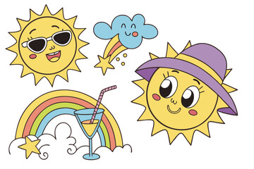 24 Cartoon sun characters, cute emoji faces, colorful expressions, rainbow and clouds, sunglasses, purple hat, drinking cocktail, happy sun icons, bright yellow, sky blue accents, cheerful illustratio