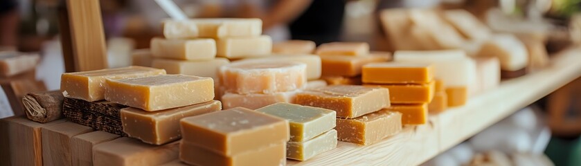 A display of artisanal soaps on a wooden shelf, showcasing various natural textures and warm hues. Ideal for promoting handmade products, eco-friendly living, and wellness.