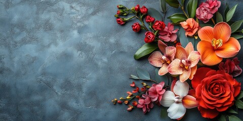 stunning floral arrangement of red roses, orange orchids, and berries against a textured gray background, perfect for elegant designs, wedding invitations, or sophisticated event decor