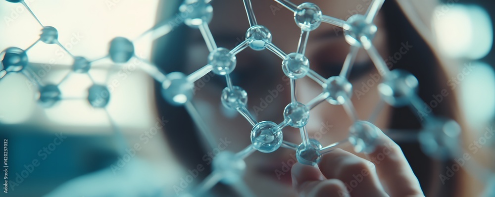 Poster a focused scientist examines a molecular structure with curiosity and precision.