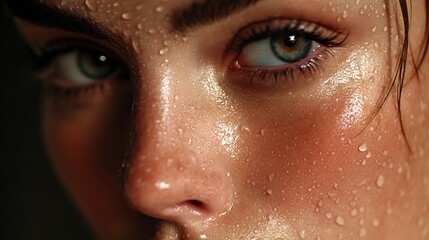 Close-up of a woman's face with water droplets, intense gaze, wet skin