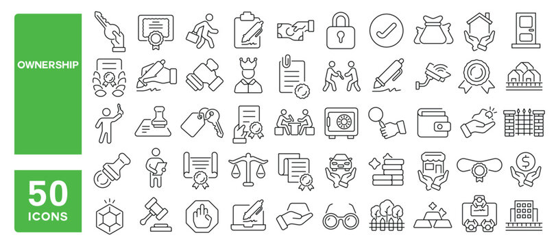 Set of 50 line icons related to ownership, property, purchase, contract, owner, key, real estate, value, buying, license, registration, Editable stroke. Vector illustration