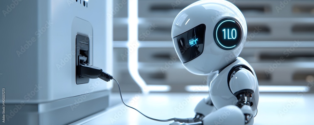 Poster a futuristic robot charges while displaying an innovative design in a modern setting.