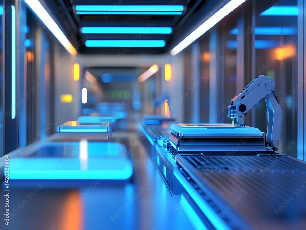 Poster a futuristic robotic assembly line featuring advanced automation with sleek blue lighting, showcasin