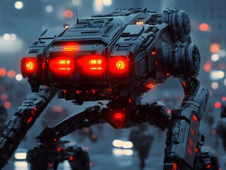 Fototapeta premium A futuristic robotic spider with glowing red lights in an urban setting, showcasing advanced technology and innovation. Ideal for themes of AI, robotics, and modern engineering.