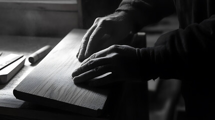 Obraz premium Carpenter sanding a wooden shelf in a workshop. Featuring attention to detail and craftsmanship