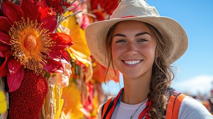 Smiling young woman in a sun hat next to a vibrant display of red and yellow flowers and foliage under a blue sky. Use for sites/blogs on travel, summer, festivals, gardening, or lifestyle.