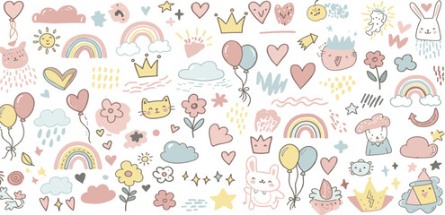 Cute kid scribble line flower, heart. rainbow background.