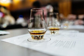 Discovering the rich flavors of whiskey at a tasting event in a cozy bar