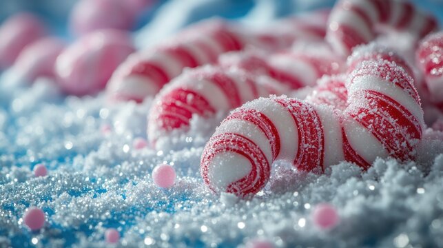 Candy canes on snow with pink candies blurred in background for holiday theme
