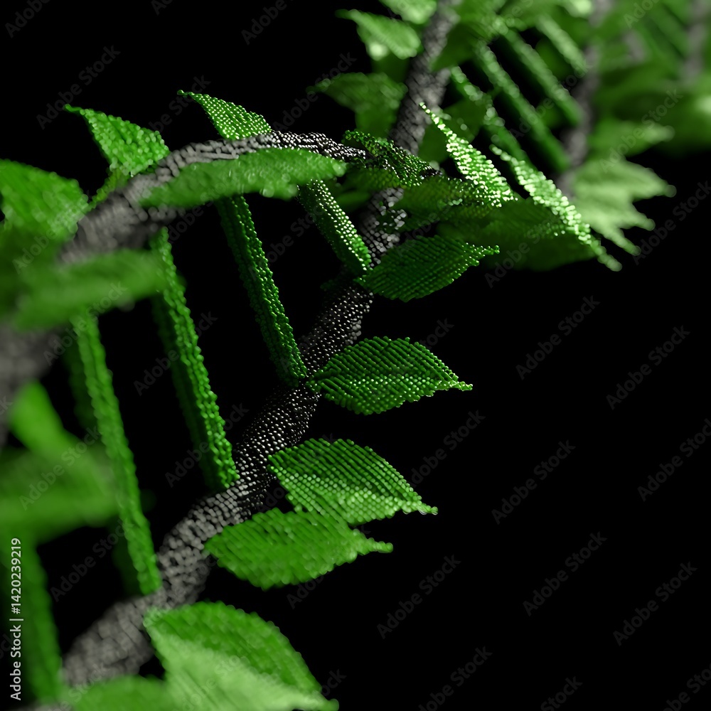 Poster pixelated green vine with leaves weaving in a dark ambience digital art computational aesthetics.