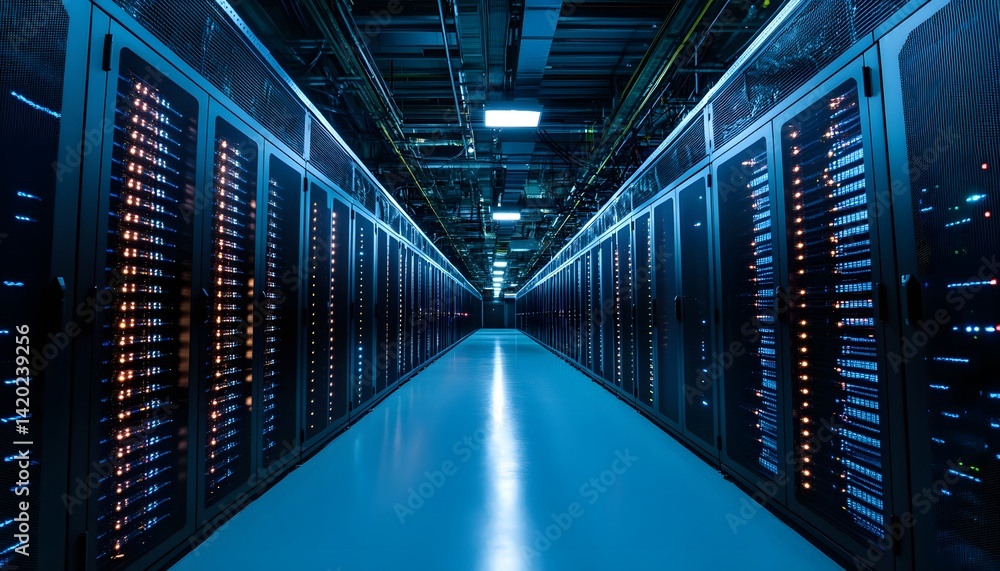 Poster a sleek data center corridor lined with servers, casting a blue glow. this cutting-edge environment 
