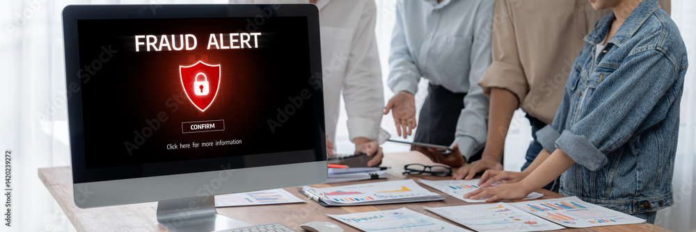 Poster cyber security software show alert of cyber attack for protection brisk. danger from virus, phishing