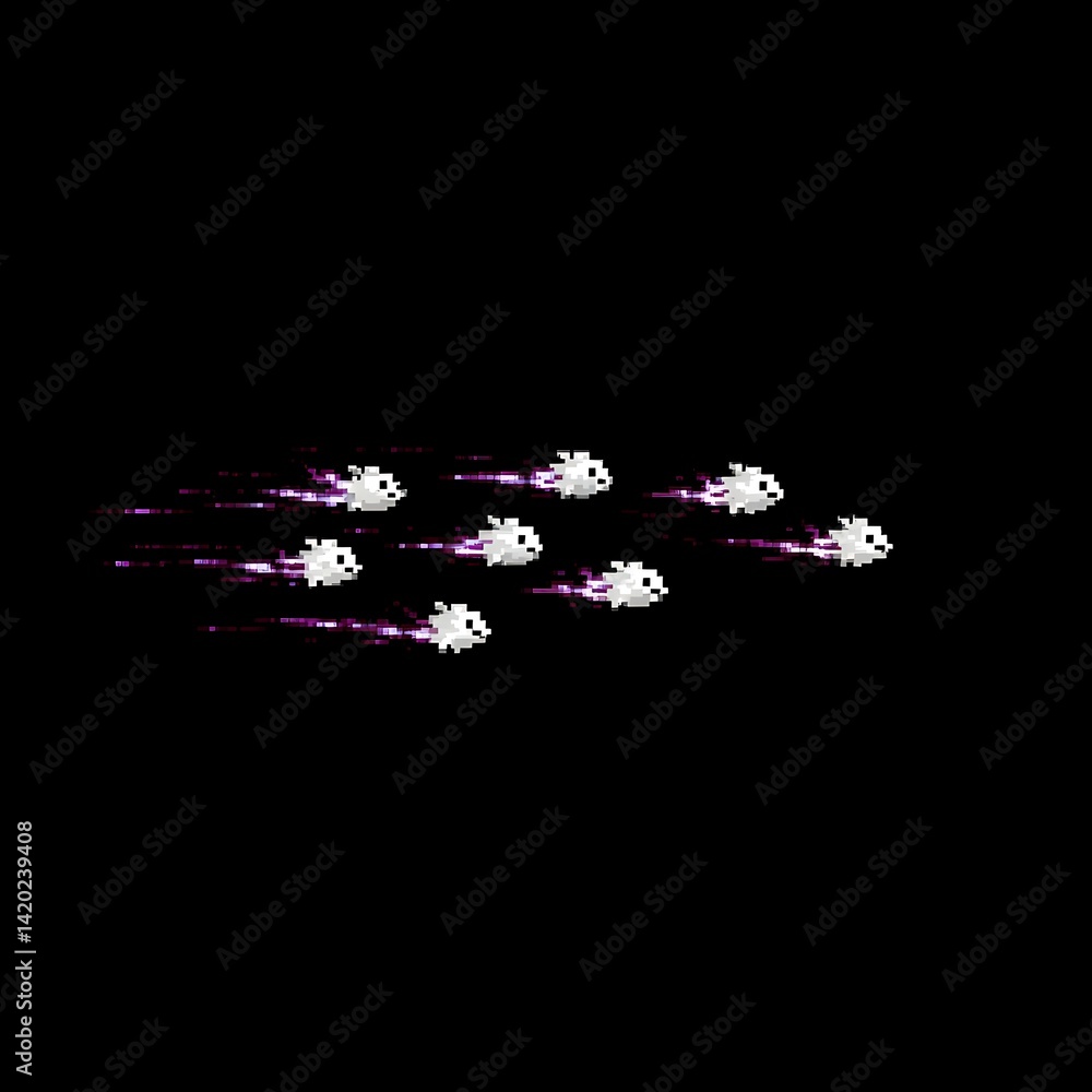 Poster pixelated spectral comets streaking across the dark void of space in a retro video game style.