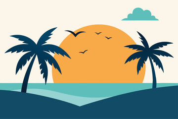 Tropical beach with palm trees vector art illustration